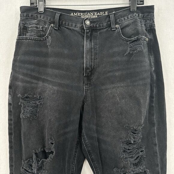 American Eagle Jeans Womens 14 Short Mom High Rise Faded Black Denim Distressed - Picture 3 of 13